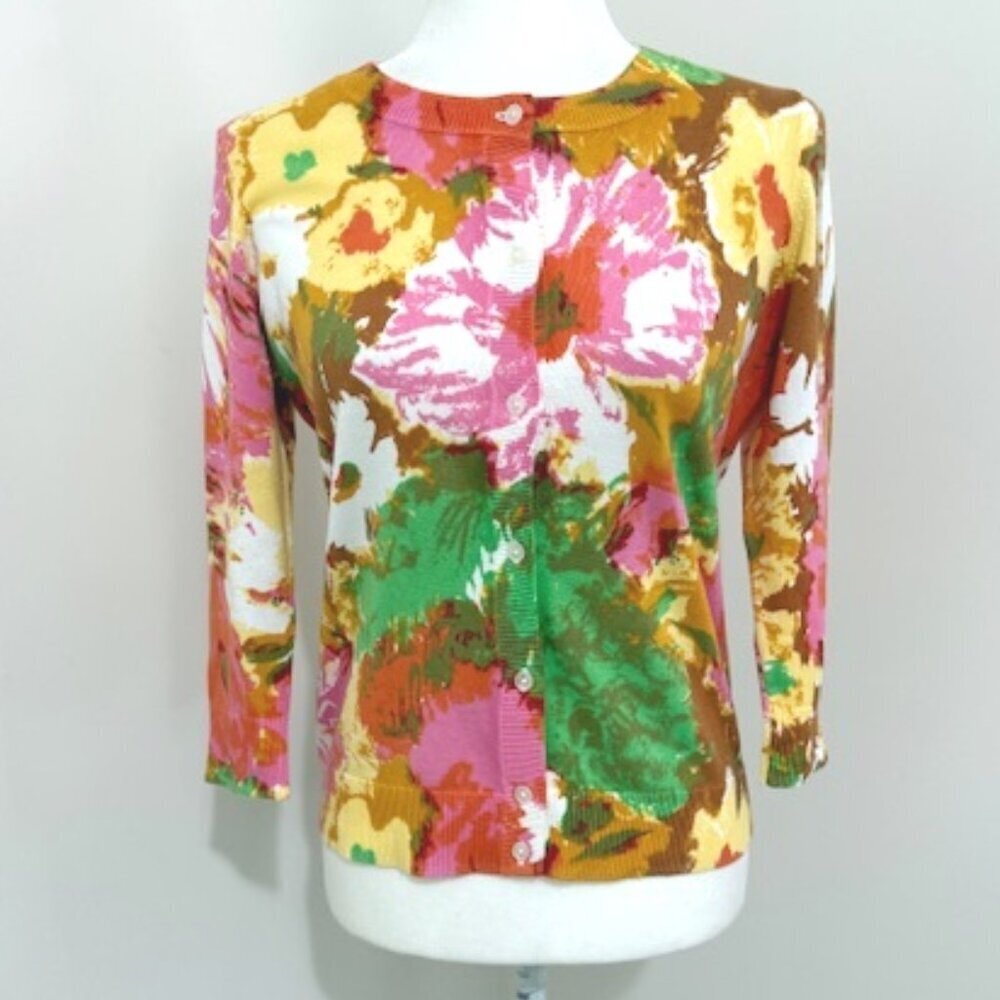 Talbots Petites Pima Cotton Floral Print Button Down Cardigan Sweater Size SP